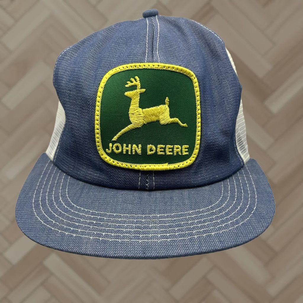 John Deere VINTAGE John Deere Trucker Hat Denim Patch Farm SnapBack One Size Men Blue 80s Adjustable Size US 35 - 1 Thumbnail