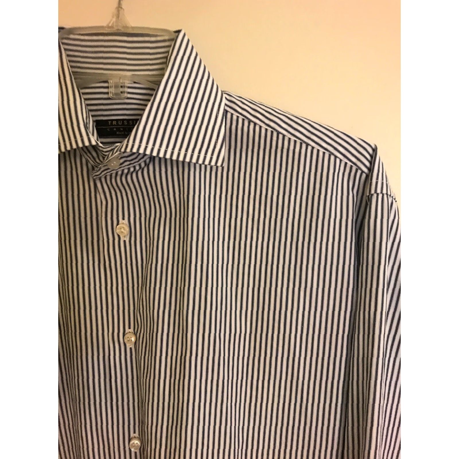 Vintage VINTAGE 37 14.5 Trussini Camicie Blue White Striped Long Sleeve Button Down 100% Cotton Mens Shirt Size 36R - 4 Thumbnail