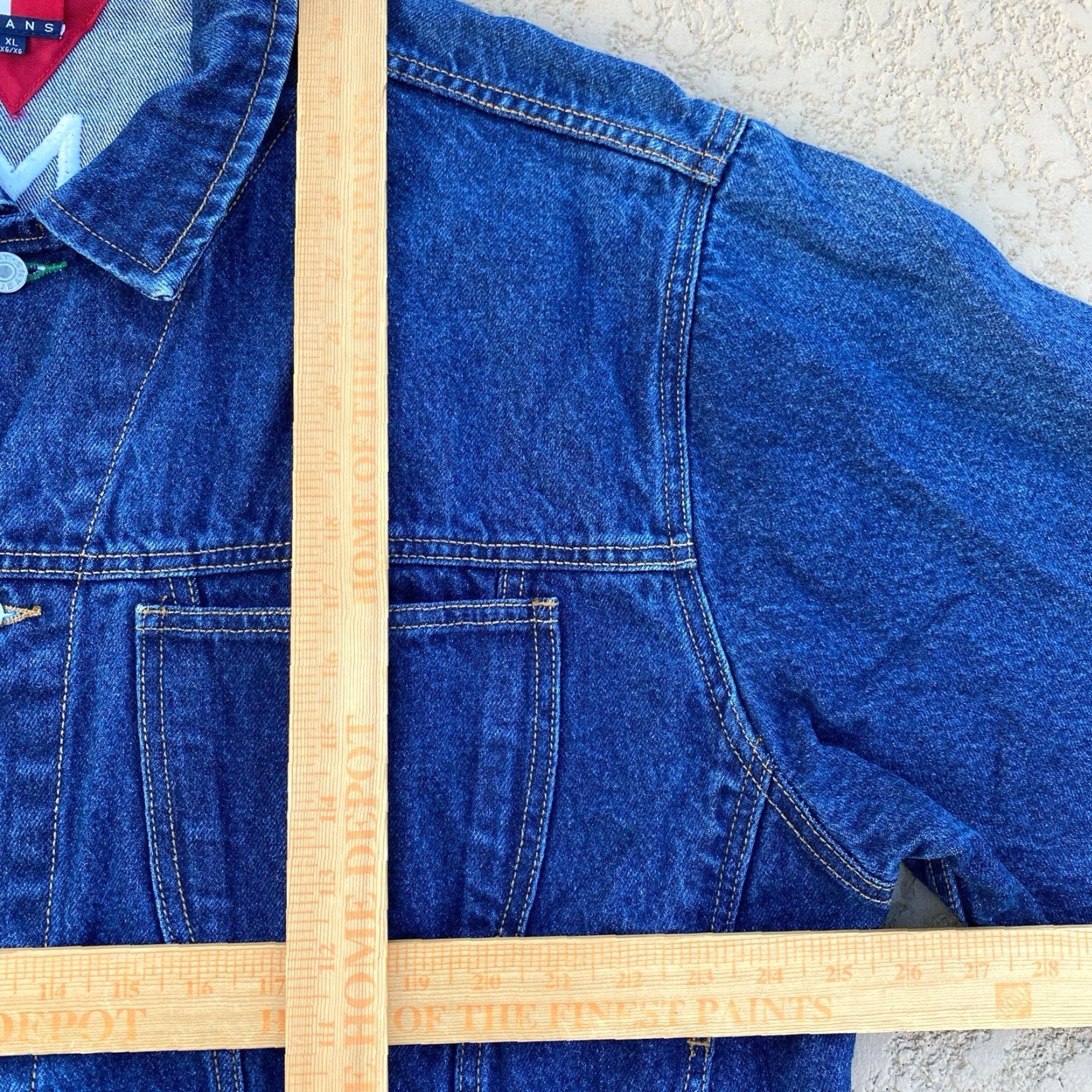 Tommy Hilfiger VINTAGE Tommy Hilfiger Spell Out Big Flag Patch Denim Jean Jacket XL Men 90s Blue"} Size US 36 / EU 52 - 4 Thumbnail