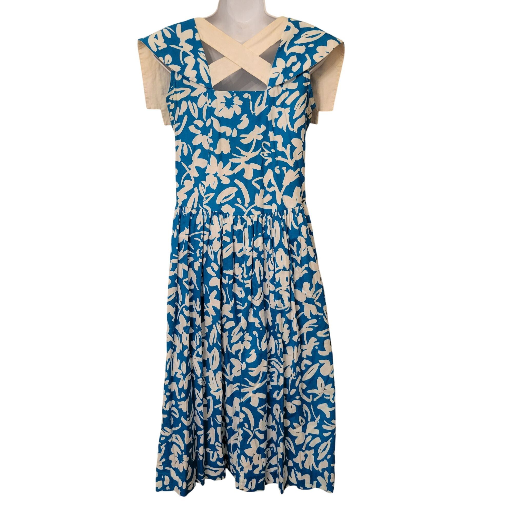 Vintage Vintage 1980s V. Fox Blue White Floral Dress 8 Collar Open C Size M / US 6-8 / IT 42-44 - 3 Thumbnail