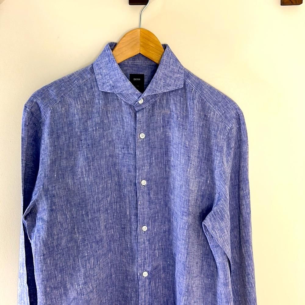 Hugo Boss Slim fit Linen -BOSS Tailored -sz 15.5- Blue w/white Heather Size 38R - 3 Thumbnail