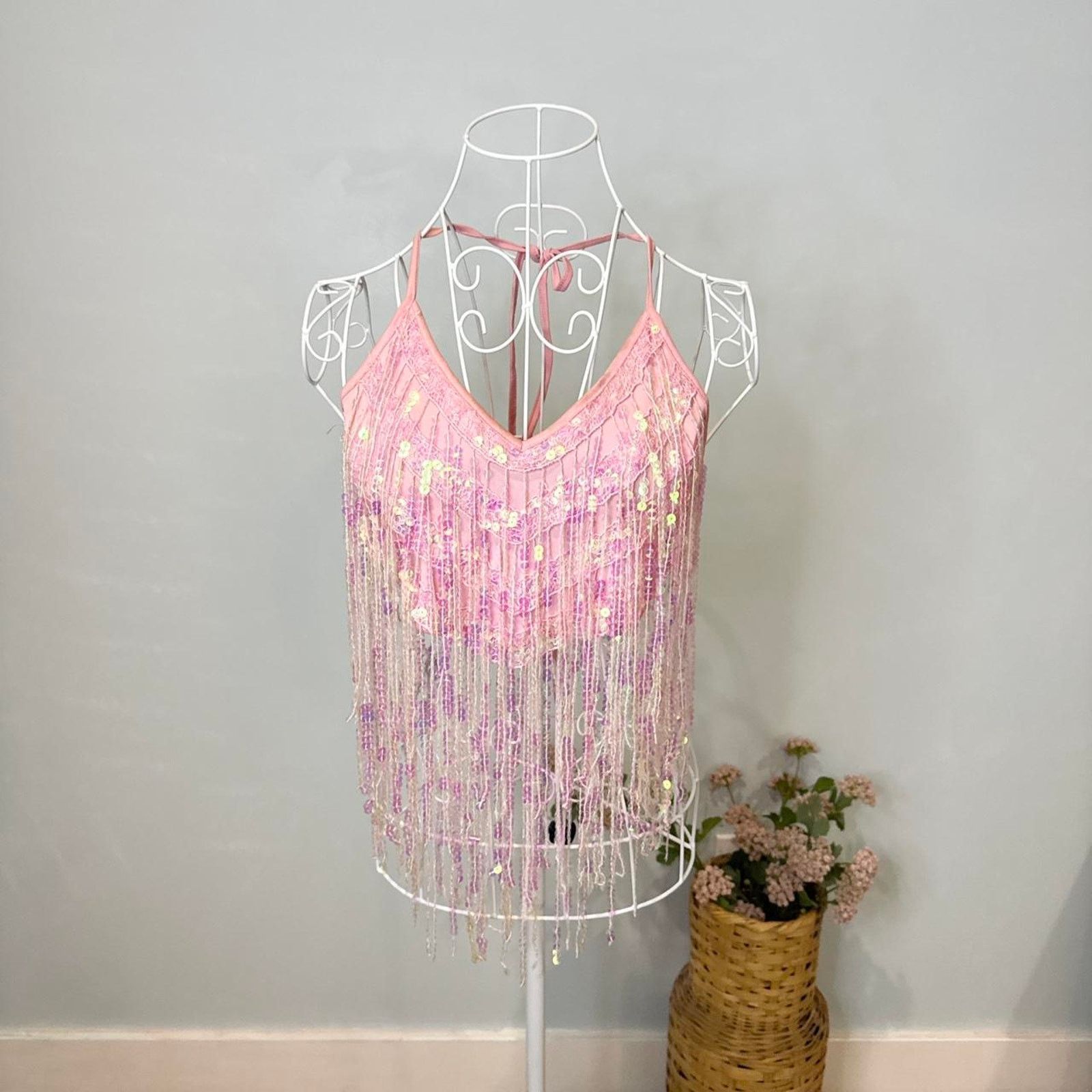 Other Pink vintage 90s y2k sparkly sequin beaded fringe halter top Size S / US 4 / IT 40 - 5 Thumbnail