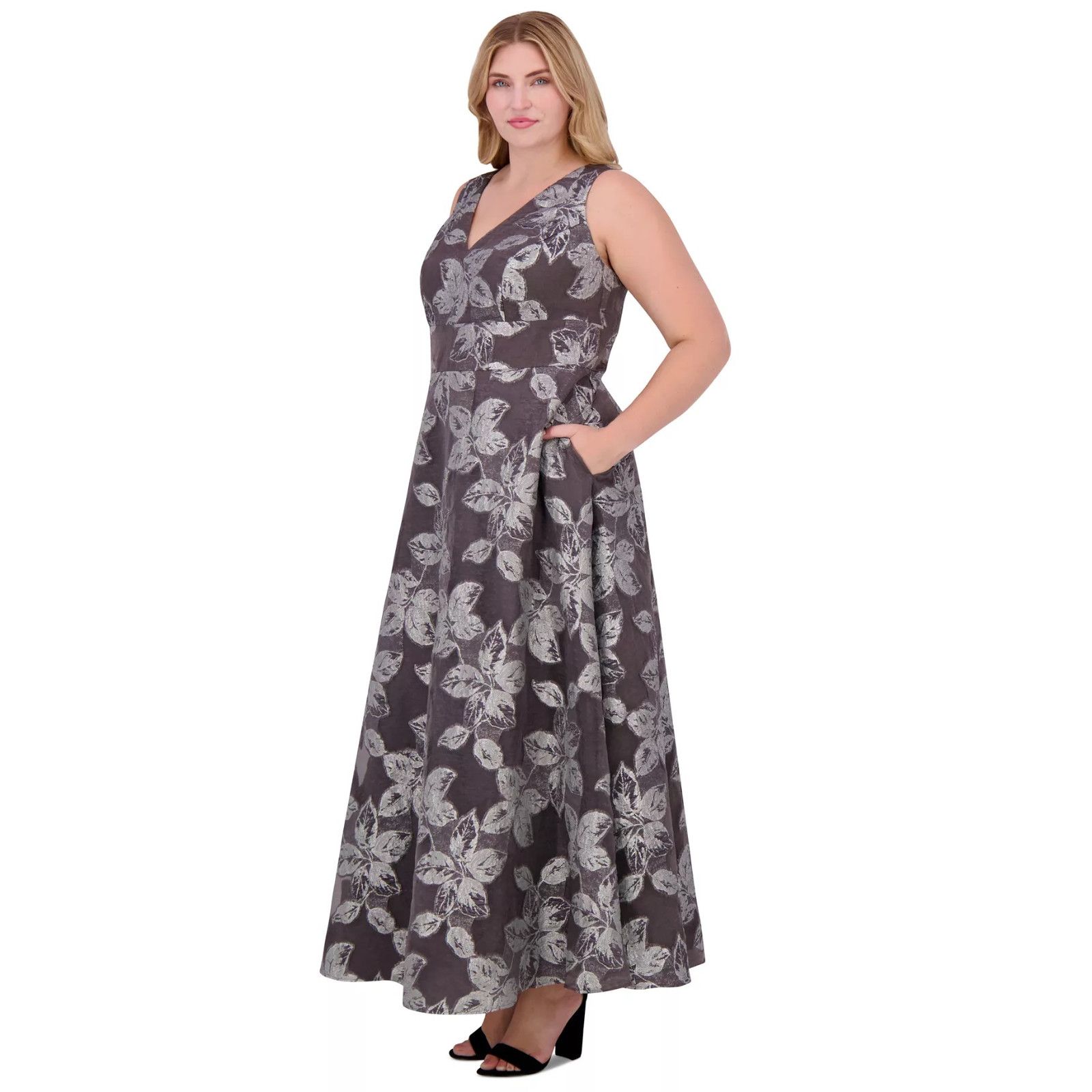 Other Eliza J Women's Silver Metallic-Threaded Floral-Print Gown Size XXL / US 16-18 / IT 52-54 - 2 Thumbnail