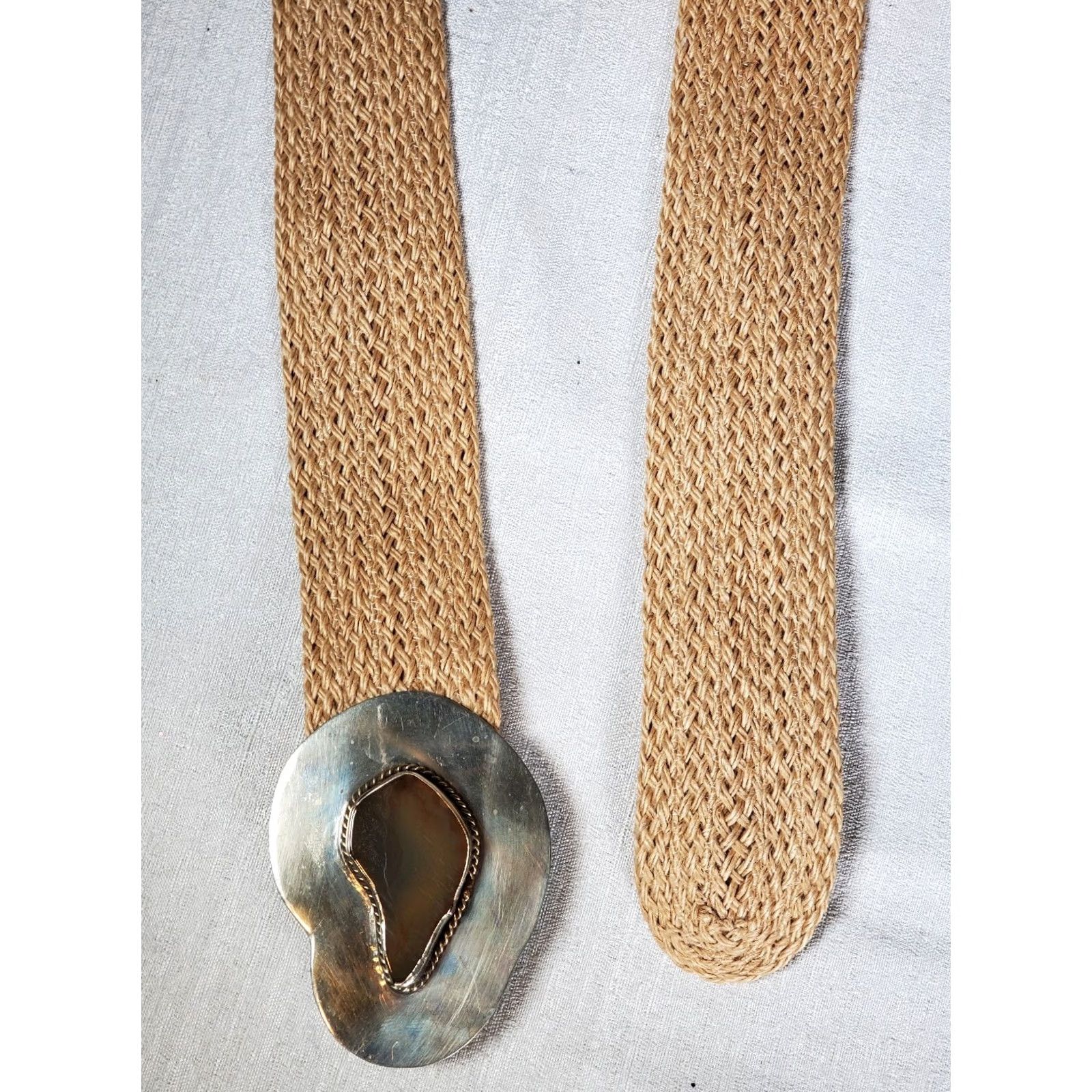 Vintage VINTAGE Boho Hippie Raffia Weave Stone Inlay Silver Metal Buckle Belt 38" Made India Size ONE SIZE - 2 Thumbnail