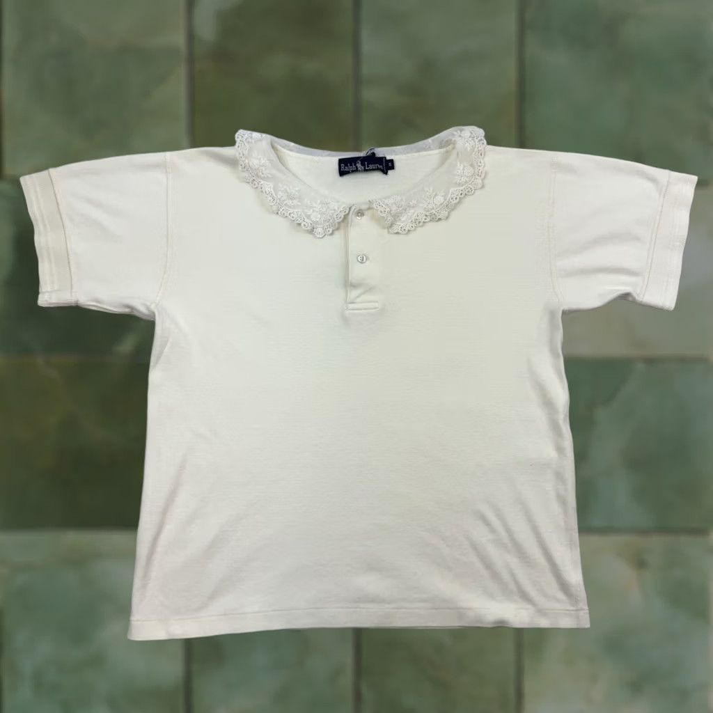 Ralph Lauren VINTAGE Ralph Lauren Womens Top Henley Lace Collar 1980s Designer Shirt/Top Beige Cotton Short Sleeve S Ladies Mens Womens Size S / US 4 / IT 40 - 1 Thumbnail
