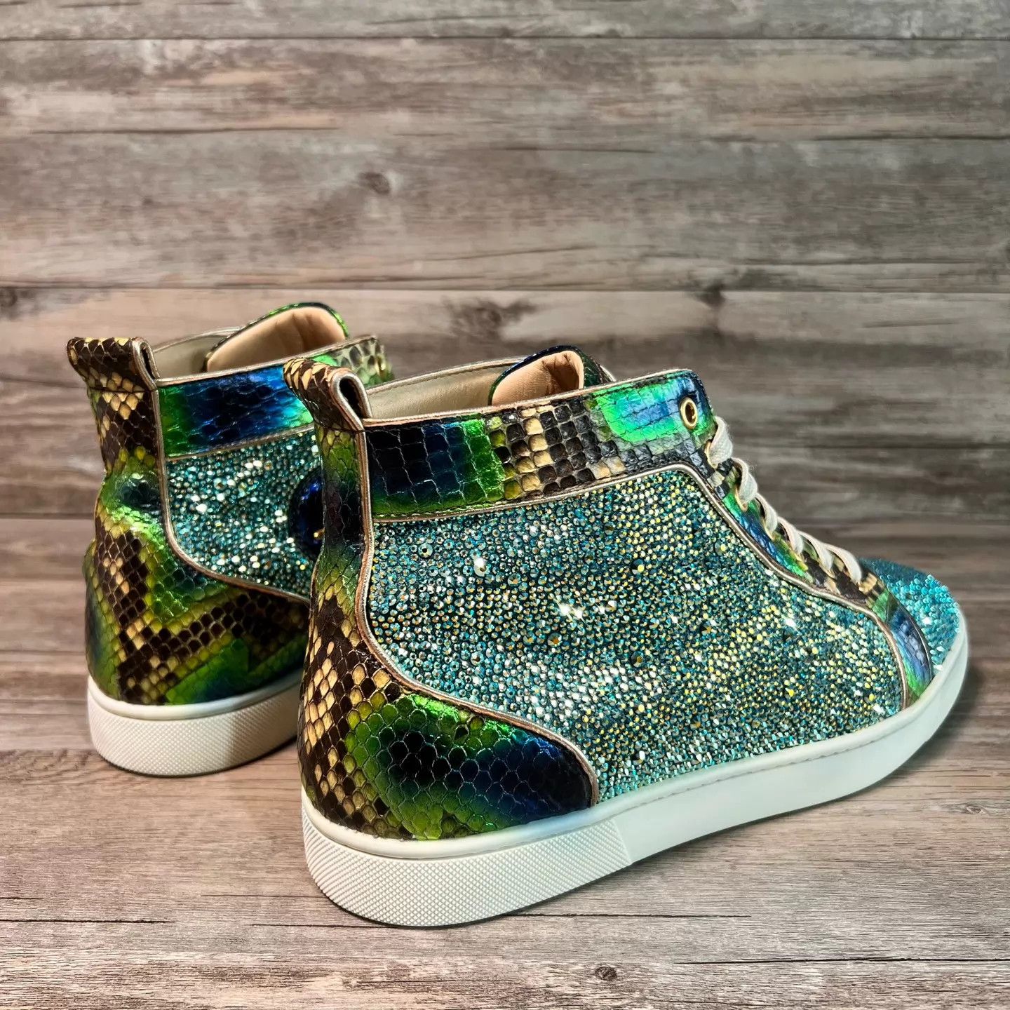 Christian Louboutin CL Green Snake Skin High-Top Crystal Red Sole Sneaker Size US 10.5 / EU 43-44 - 3 Thumbnail