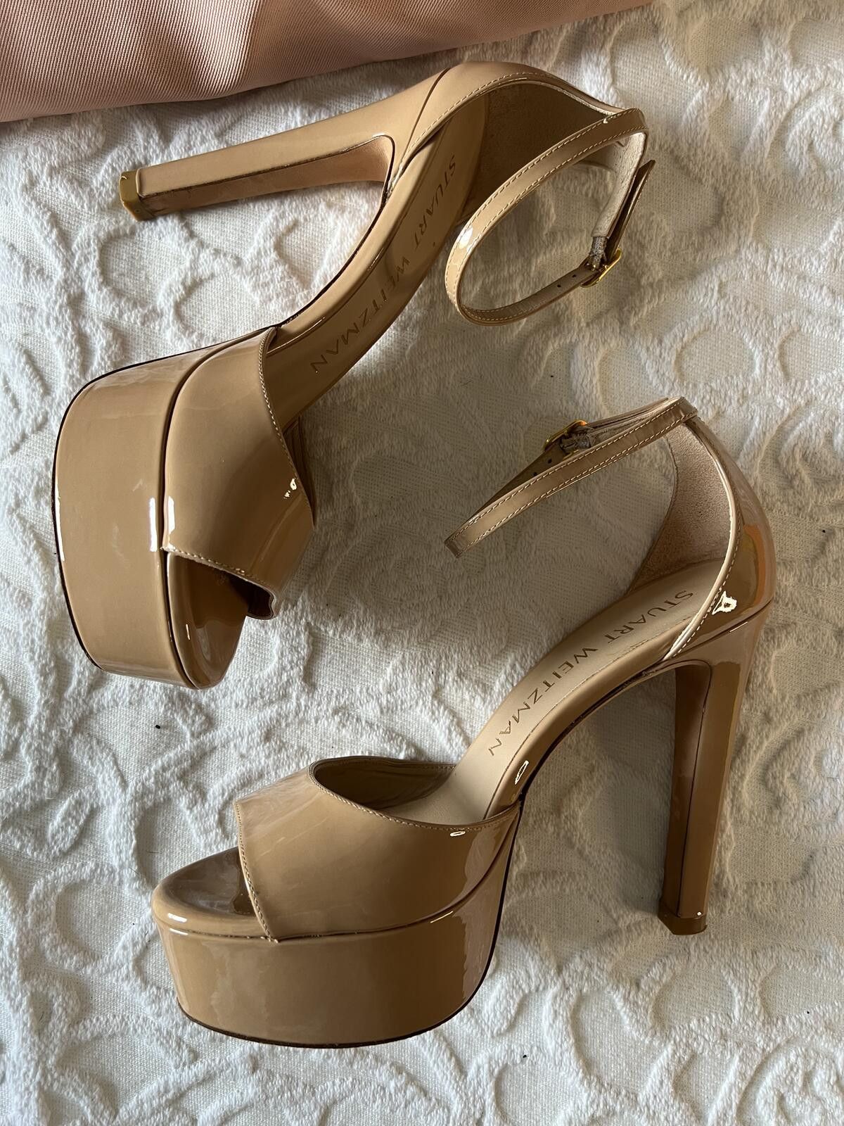 Stuart Weitzman Stuart Weitzman Nude Patent Leather Disco Platform Sandals Size US 8 / IT 38 - 6 Thumbnail