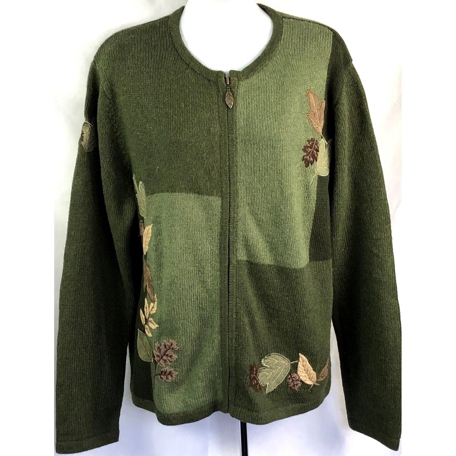 Croft & Barrow Croft Barrow Sweater L Green Cardigan zip up applique Leaves cottage fall NWT Size L / US 10 / IT 46 - 2 Thumbnail