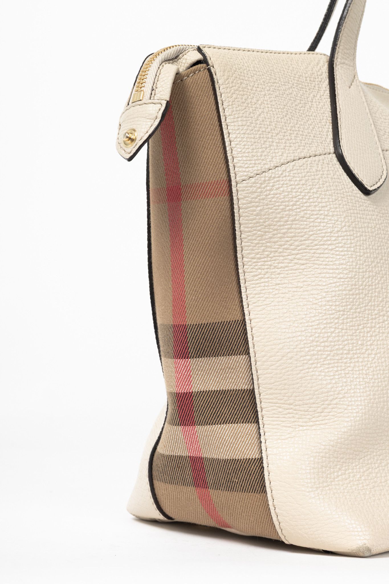 Burberry Burberry Welburn Cream Leather Check-Trim Tote Size ONE SIZE - 8 Thumbnail
