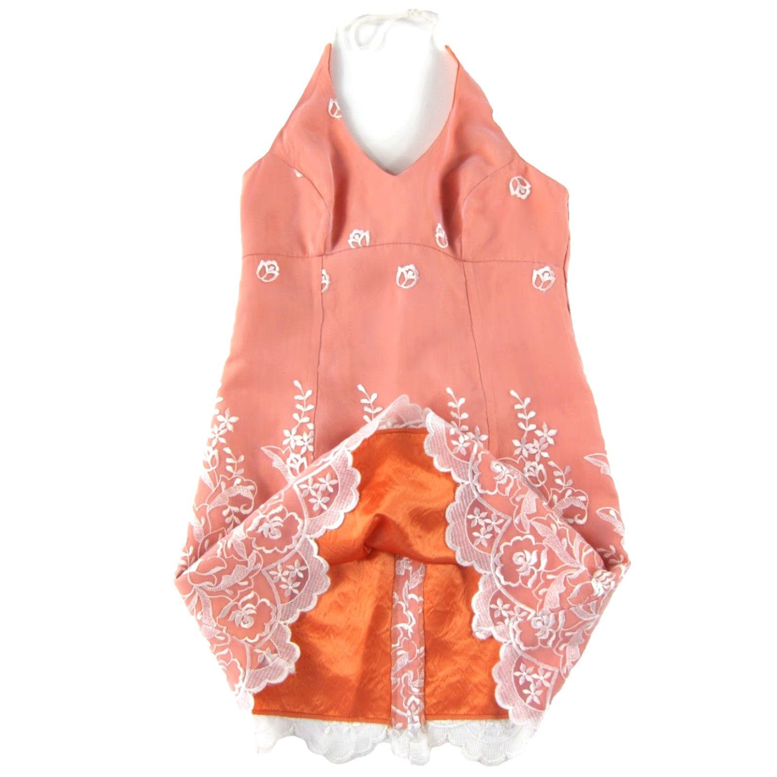 Vintage VINTAGE Faith Couture Dress Halter Floral Embroidered Lace Knee Length Orange White, Medium, Women, Casual, Formal, Wedding, 100% Polyester Size M / US 6-8 / IT 42-44 - 6 Thumbnail