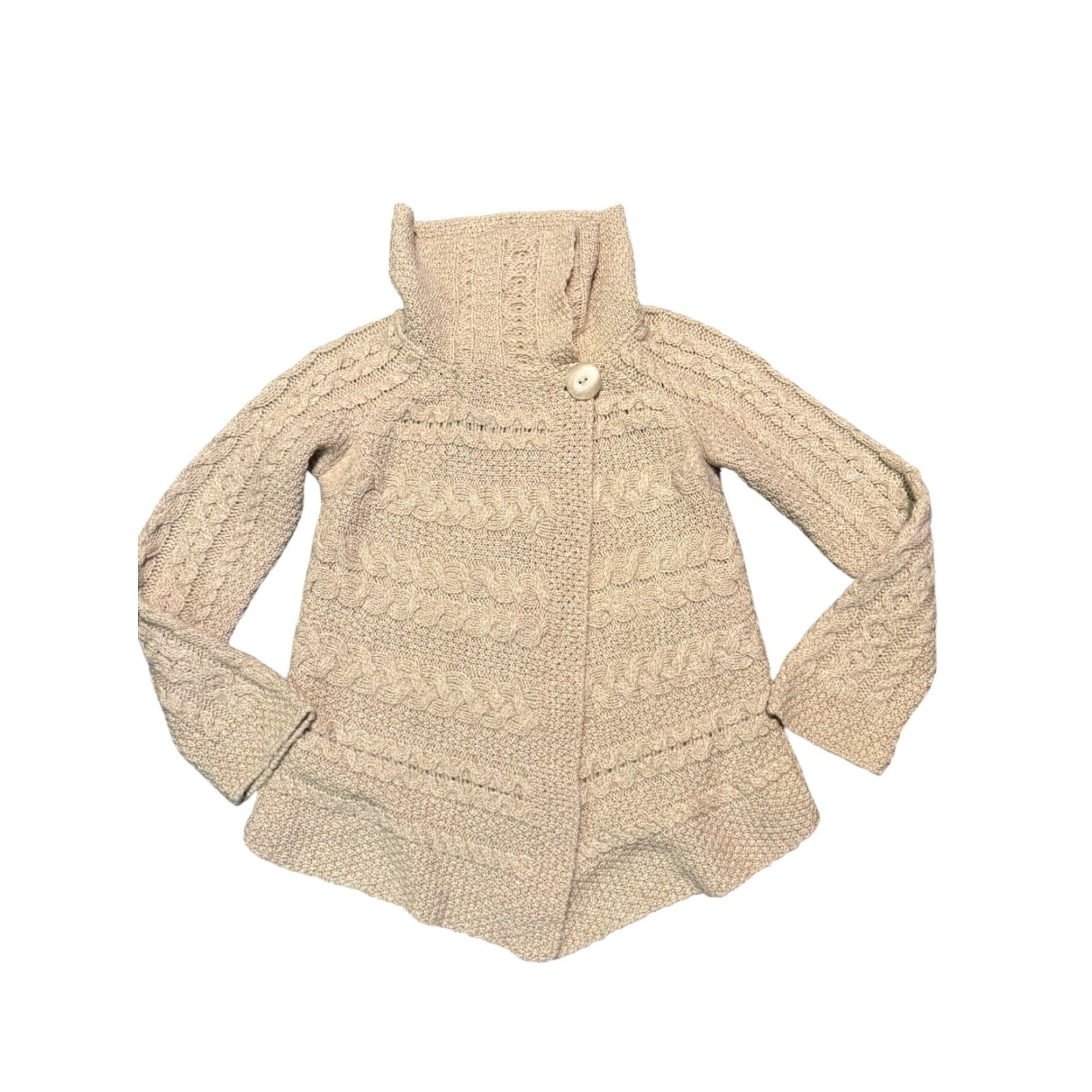 Vintage Aran Crafts Ireland 100% Merino Wool One Button Sweater Shawl Collar Cardigan Size M Beige Womens Sweater Size M / US 6-8 / IT 42-44 - 4 Thumbnail