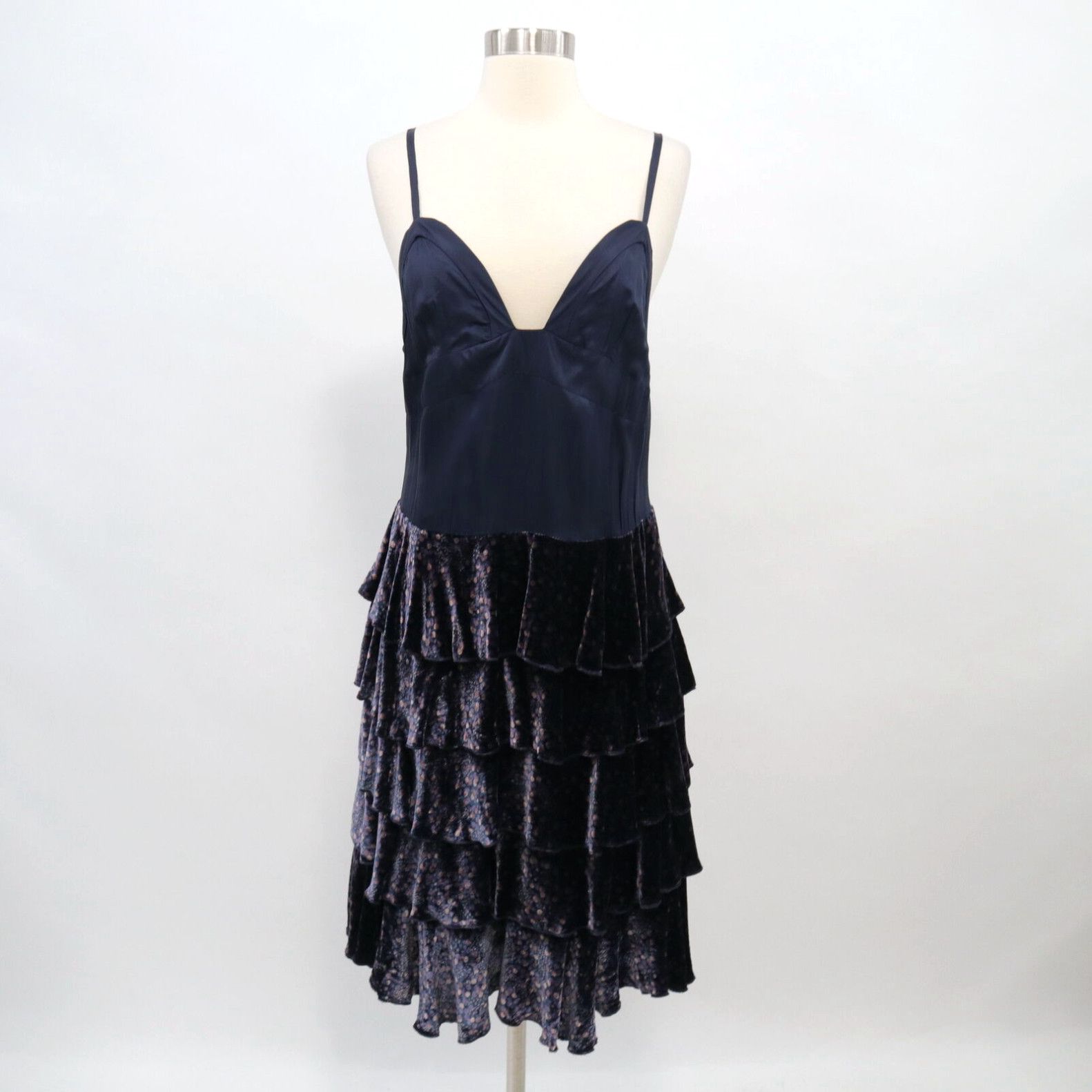 image of Marc Jacobs Tank Dress Womens 10 Velvet Satin Tiered Ruffles Navy Blue Dots in White (Size Large)