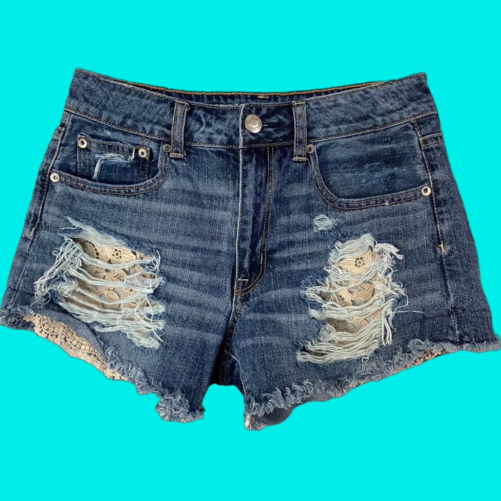 Vintage American Eagle Shorts Women's 6 Blue Denim High-Waisted Festival Distressed Jean Size 28" / US 6 / IT 42 - 1 Thumbnail