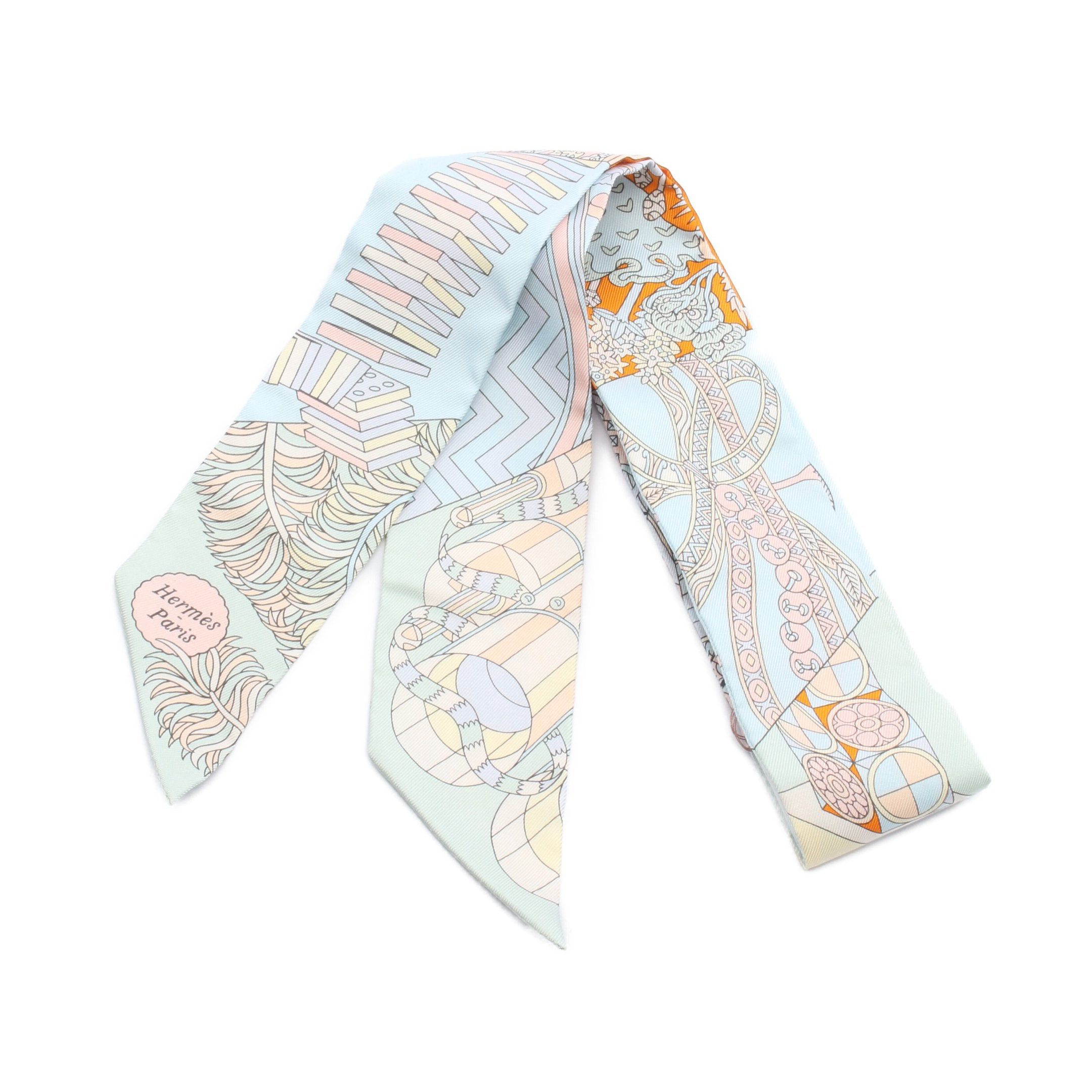 Hermes Hermes Twilly De Aux Duels Vieux Ribbon Scarf Silk Light Blue Green Multicolor Size ONE SIZE - 1 Thumbnail