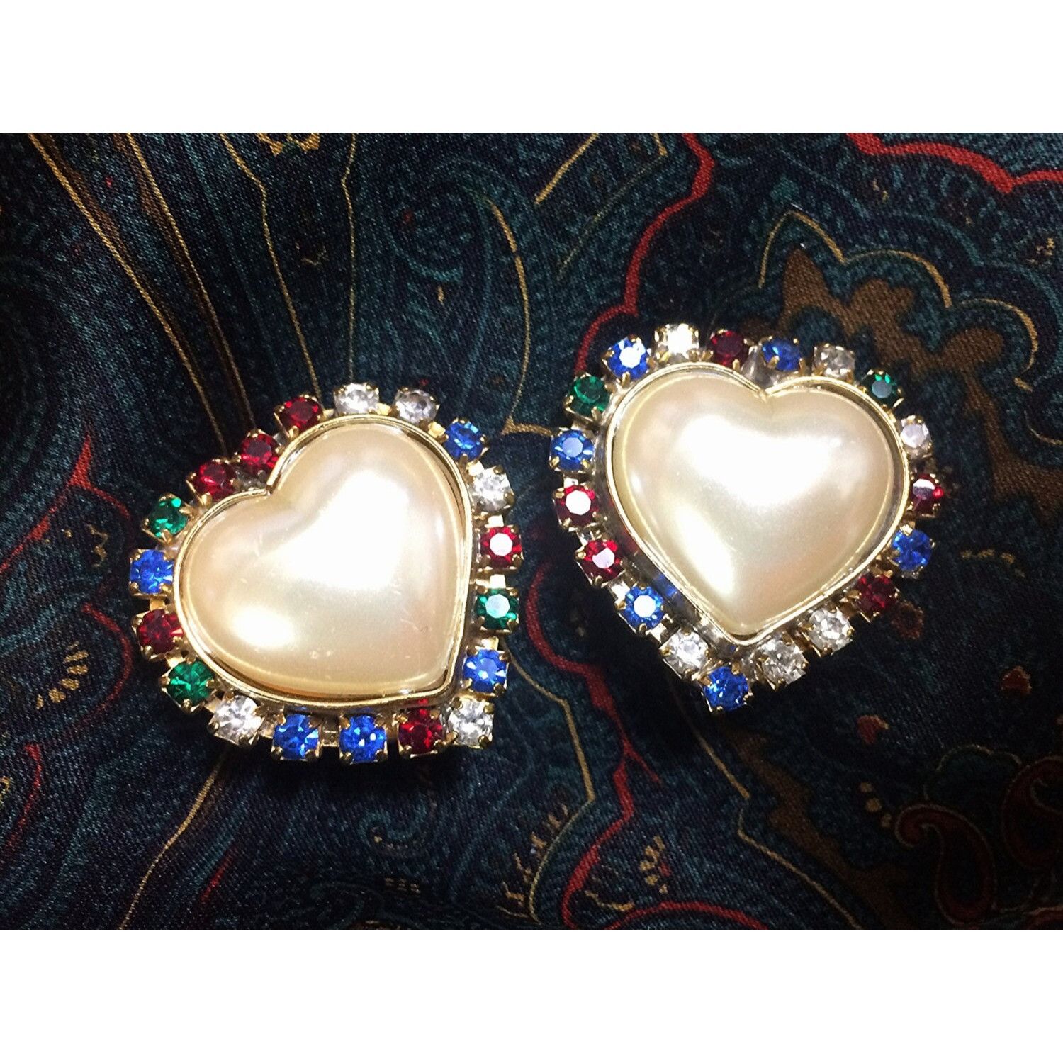 Vintage ESCADA heart earrings with red, clear, blue
