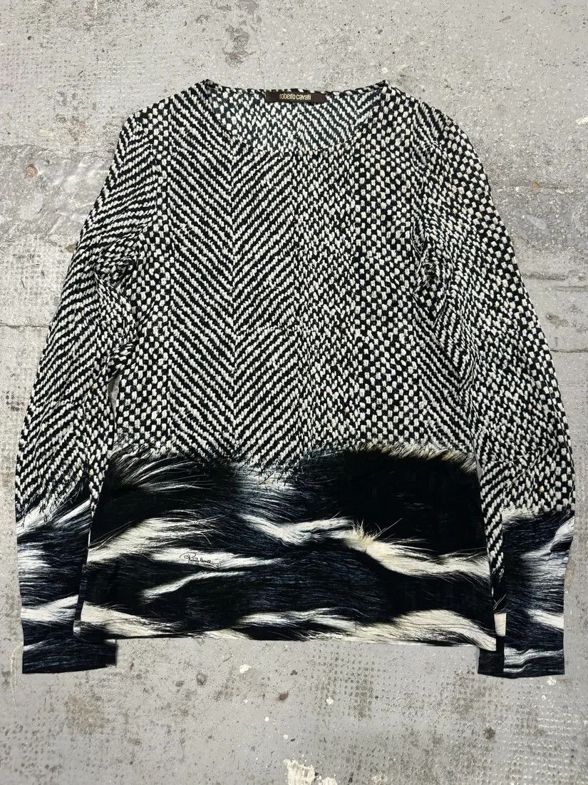 Designer × Roberto Cavalli × Vintage 2000s Roberto Cavalli Black & White Long Fur Print Longsleeves Size US S / EU 44-46 / 1 - 1 Thumbnail