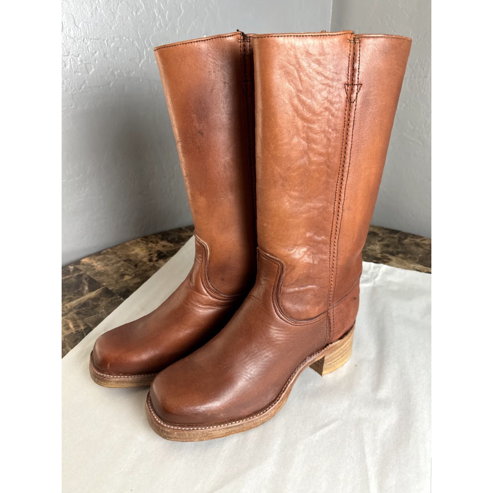 Wrangler VINTAGE Wrangler Made In USA Tall Leather Mens Boots 9.5 D 15” Brown Leather Western USA Mens Boots Size US 10 / EU 43 - 4 Thumbnail