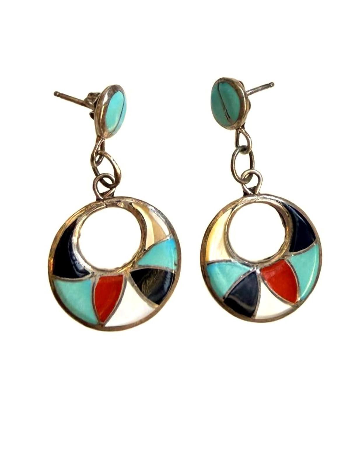 Zumiez Zuni Sterling Inlay Dangle Earrings Turquoise Coral Onyx Size ONE SIZE - 1 Thumbnail