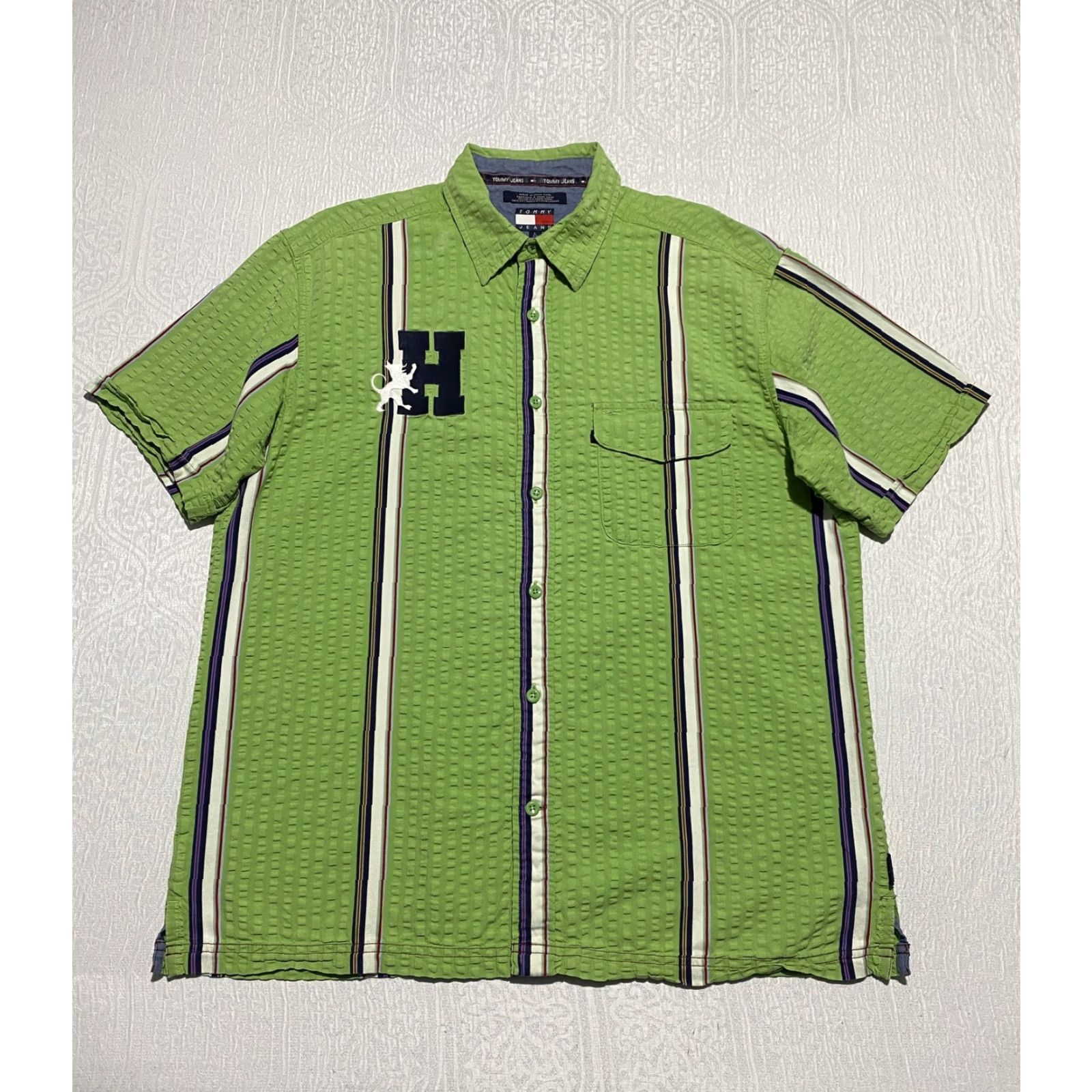 Vintage VINTAGE Tommy Jeans Shirt Mens L Green Striped Seersucker Short Sleeve Lion Crest H Size US L / EU 52-54 / 3 - 2 Thumbnail