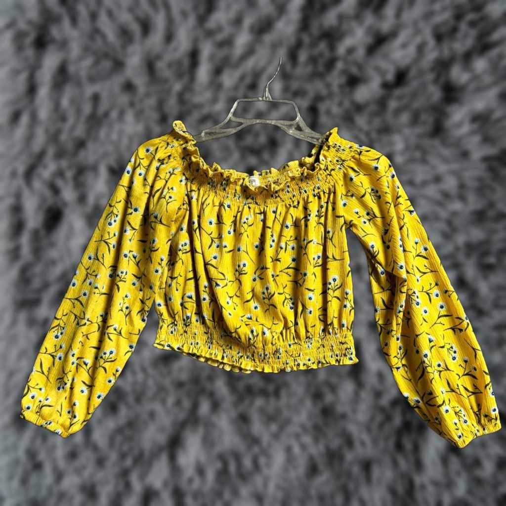 H&M H&M Divided Cropped Top Women M Floral Boho Cottagecore Peasant Smocked Off Shoulder Long Sleeve Yellow Cropped Blouse Size M / US 6-8 / IT 42-44 - 1 Thumbnail