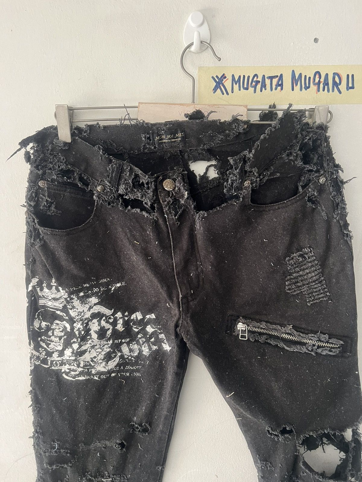 Japanese Brand MUGATAMUGARU🔥THRASHED FLARED BLACK DENIM Size US 30 / EU 46 - 2 Thumbnail