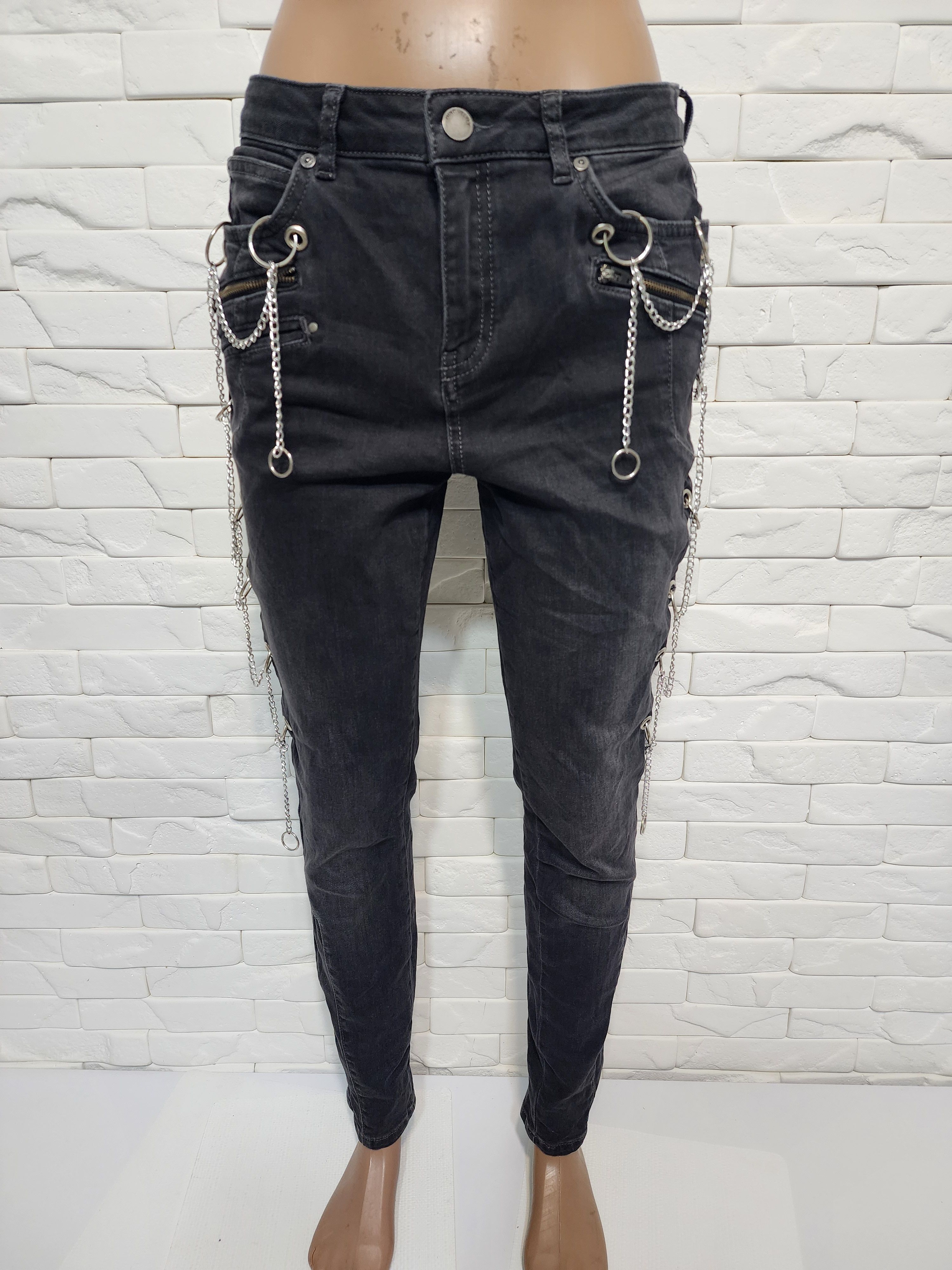 Designer Black women's jeans with decorative chains. Size 30" / US 8 / IT 44 - 2 Thumbnail