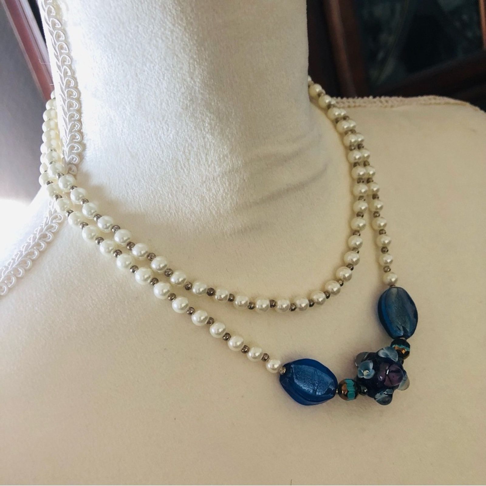 Handmade Handcrafted double strand white Czech Pearl necklace Size ONE SIZE - 3 Thumbnail