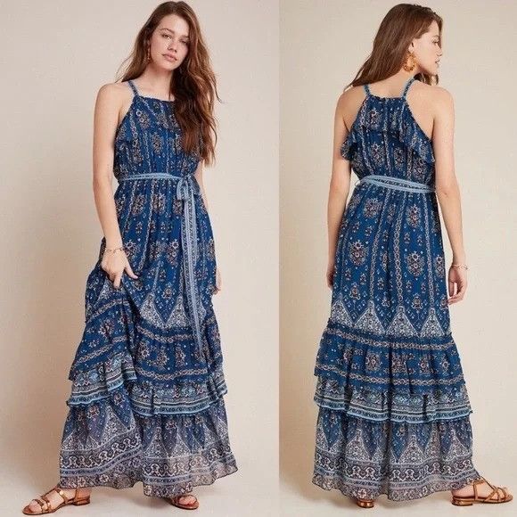 Anthropologie S Blue Floral Maxi Dress Ruffle SASHA Sleevele