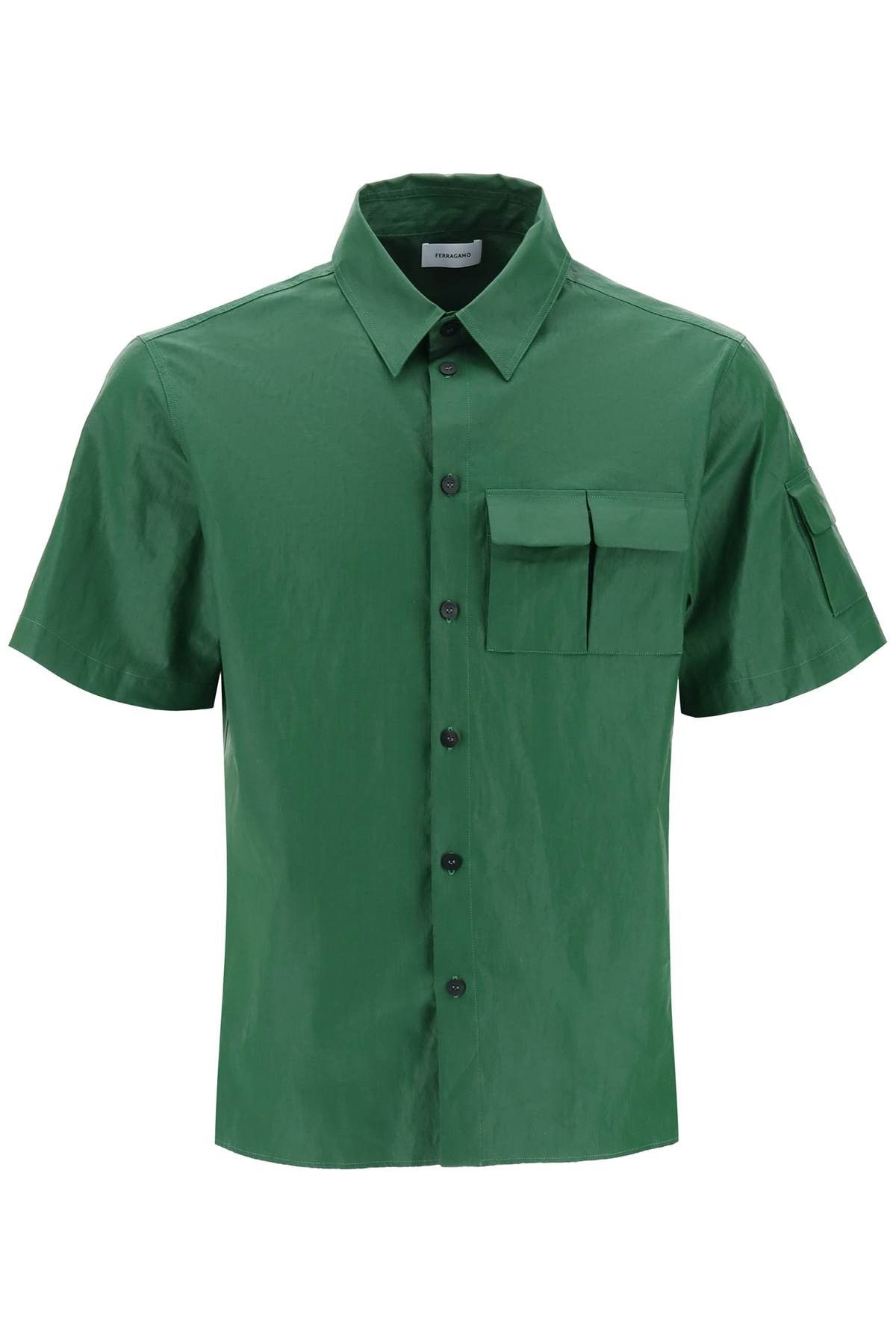 image of Salvatore Ferragamo Ferragamo Short-Sleeved Linen Shirt With Coated in Forest Green (Size Small)