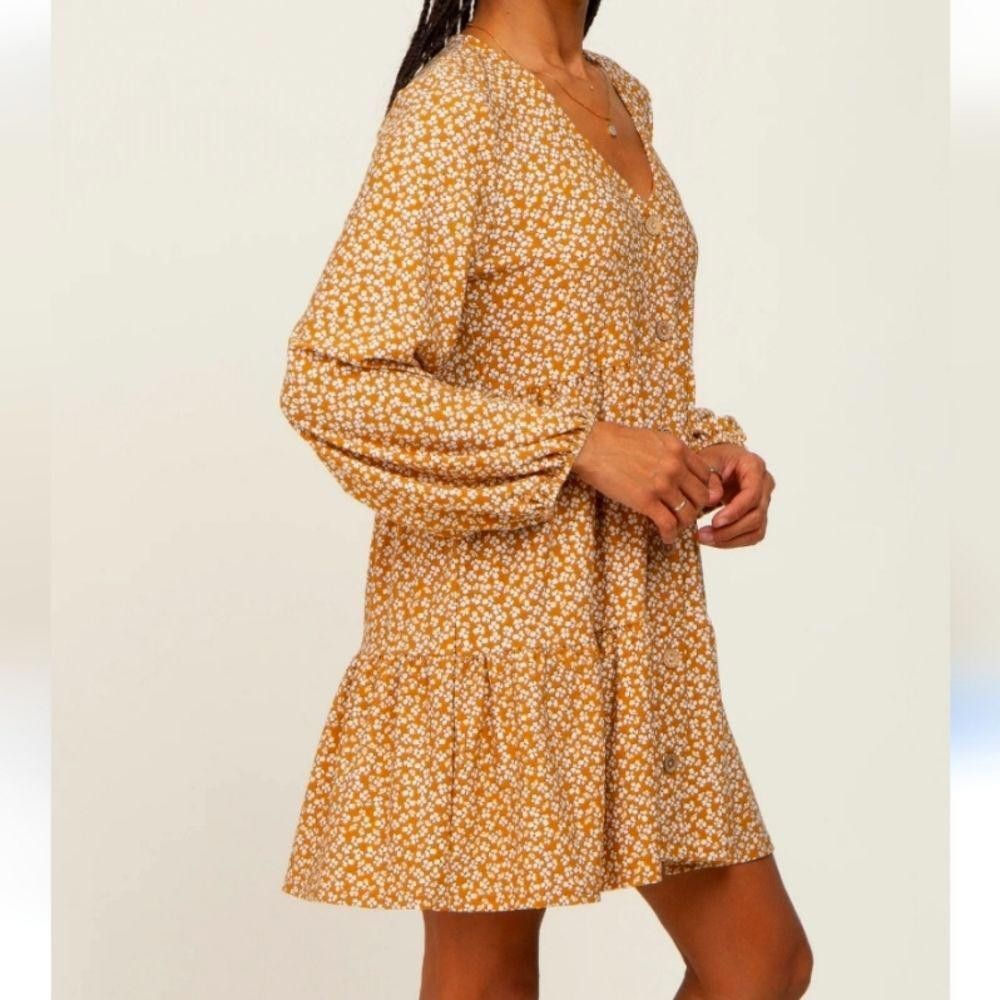Designer Adelyn Rae Chic Floral Mini Dress in Mustard Yellow Size S / US 4 / IT 40 - 1 Thumbnail