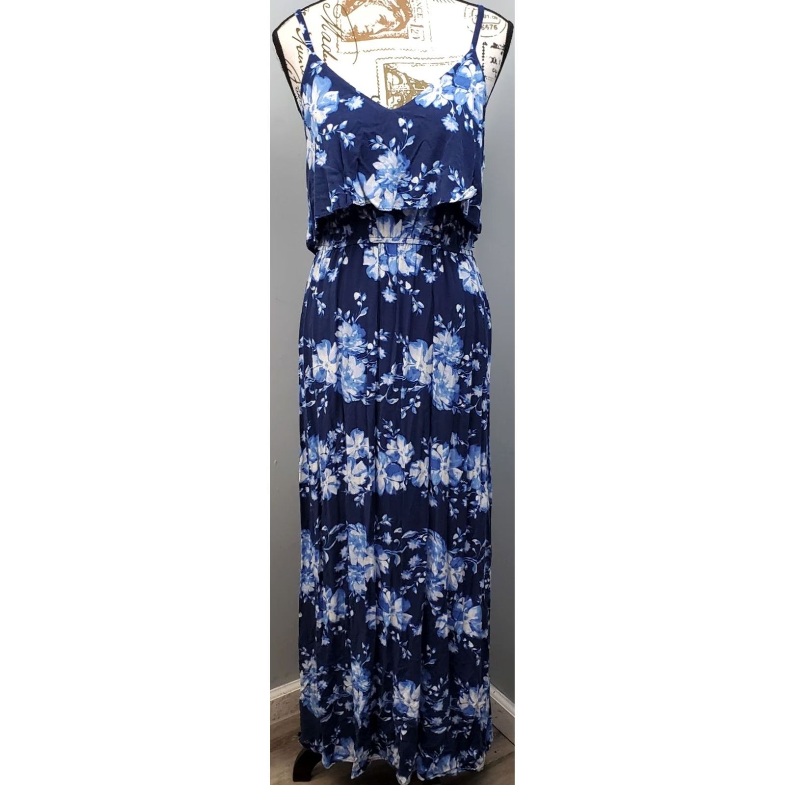 Vintage LC Lauren Conrad Maxi Dress Womens M Blue White Floral Cinch Waist Tiered Bodice Dress Size M / US 6-8 / IT 42-44 - 2 Thumbnail
