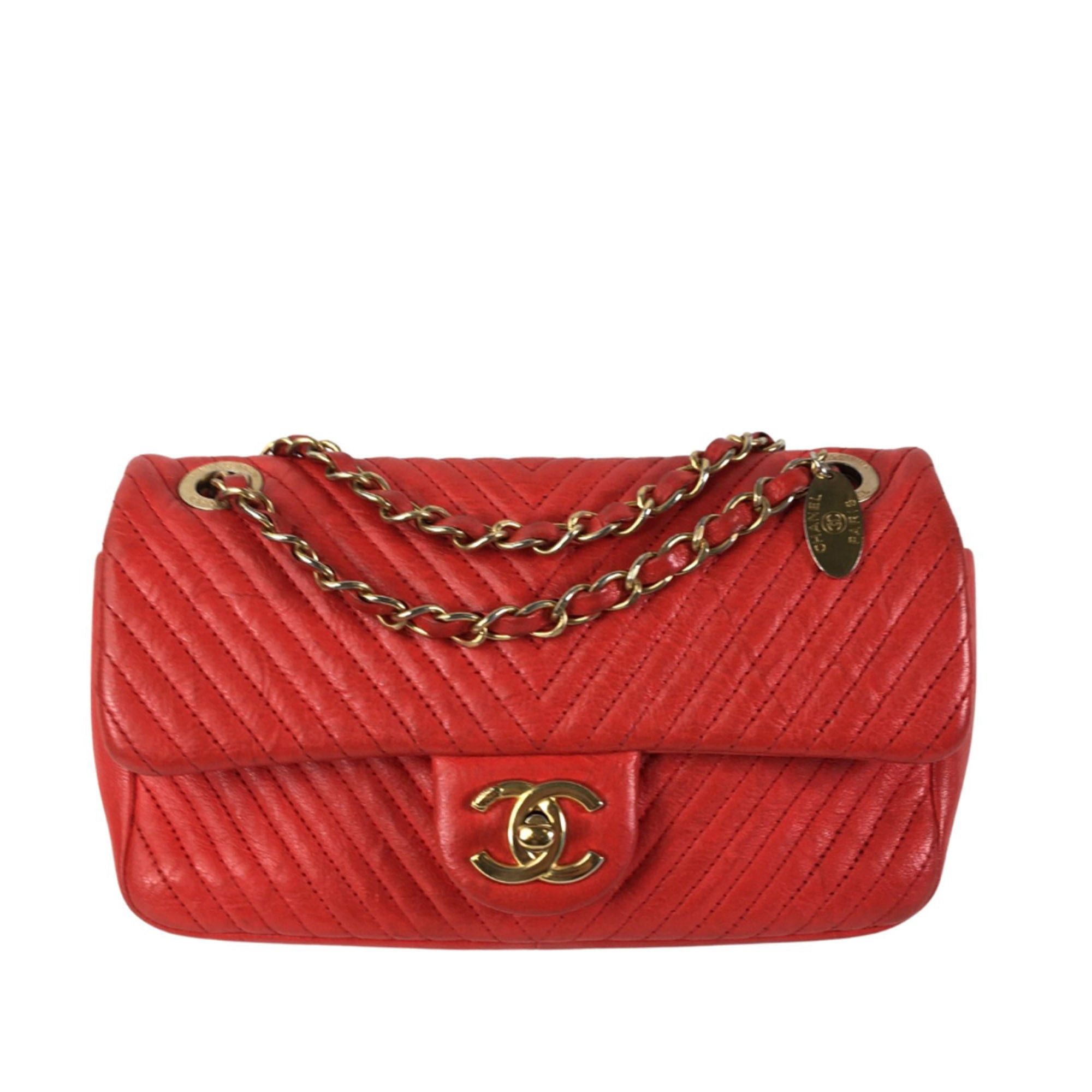 image of Chanel Medium Wrinkled Calfskin Quilted Chevron Medallion Charm Surpique Flap Shoulder Bag in Red, 