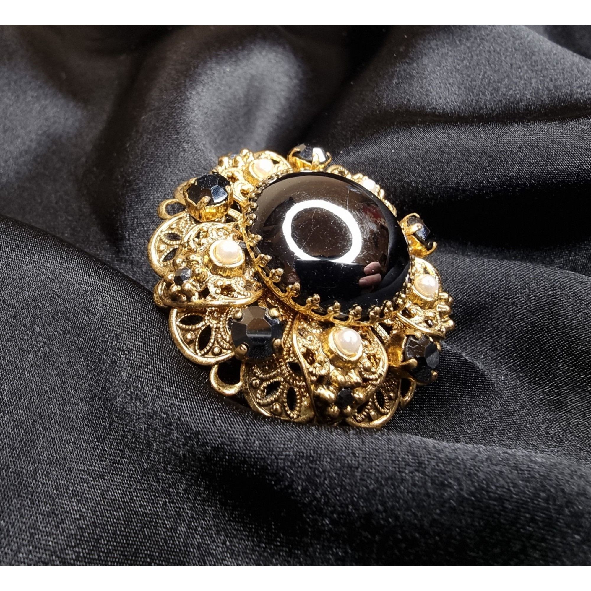 Vintage Vintage West Germany Signed Brooch W/ Black Grey Glass Cent Size ONE SIZE - 1 Thumbnail