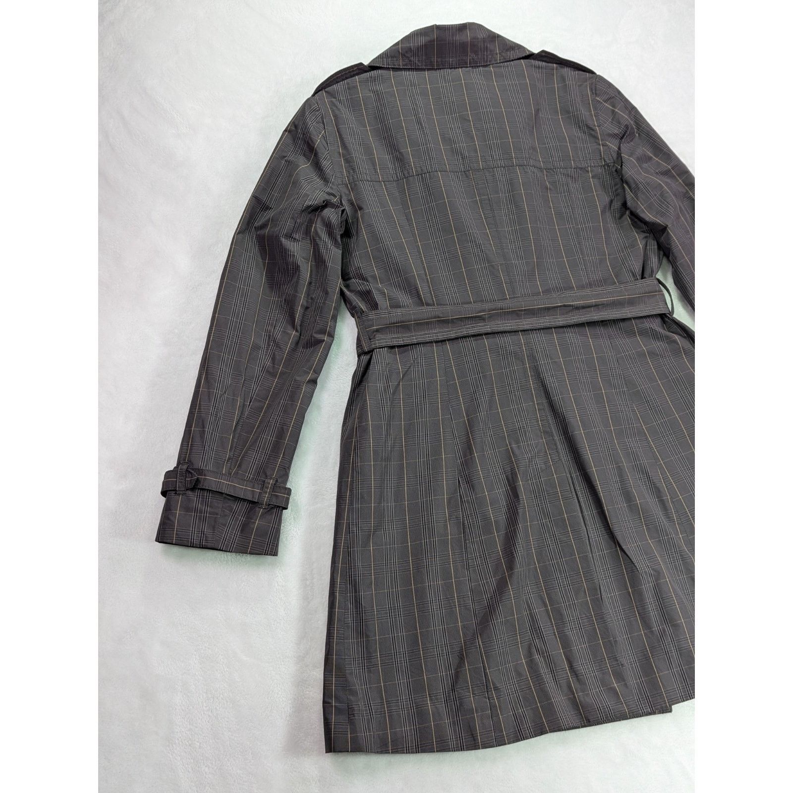 Banana Republic Trench Coat S Petite Gray Plaid Check Double Breasted Belted Size S / US 4 / IT 40 - 17 Thumbnail