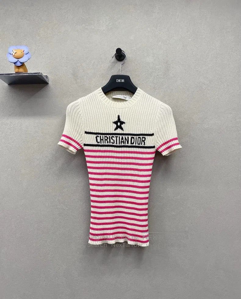 Dior Pink and white striped jacquard knitted short sleeves