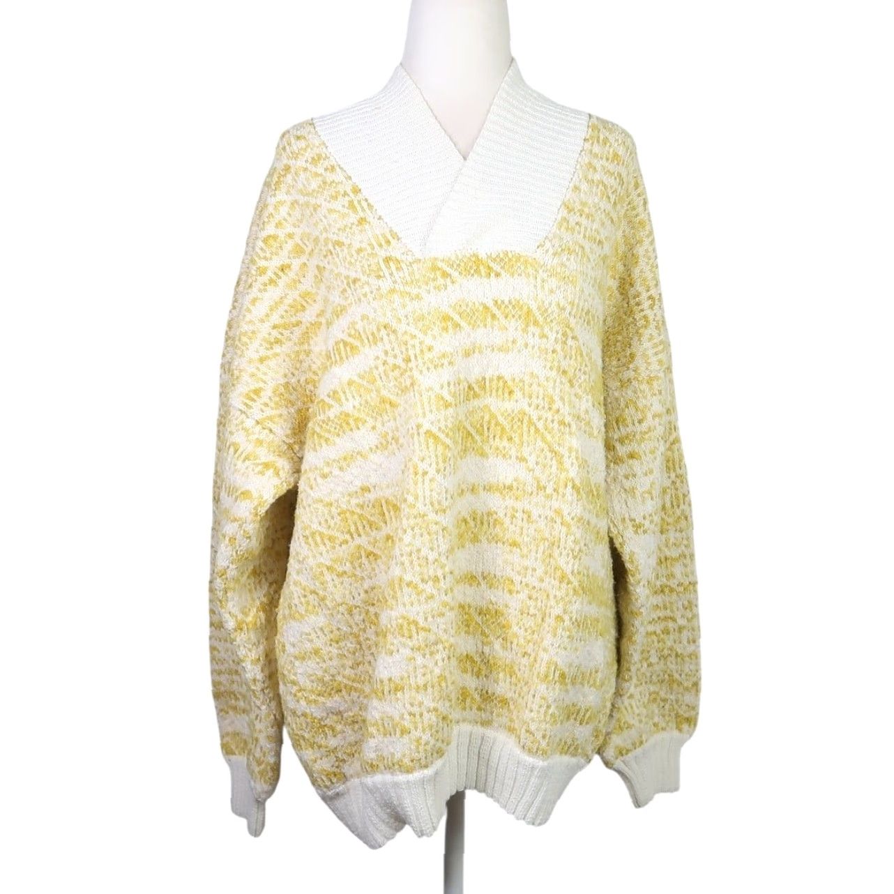 Vintage VINTAGE 90s Cream Yellow Marled Cotton Knit Sweater XL Women Pullover V-Neck Long Sleeve Casual Size XL / US 12-14 / IT 48-50 - 2 Thumbnail
