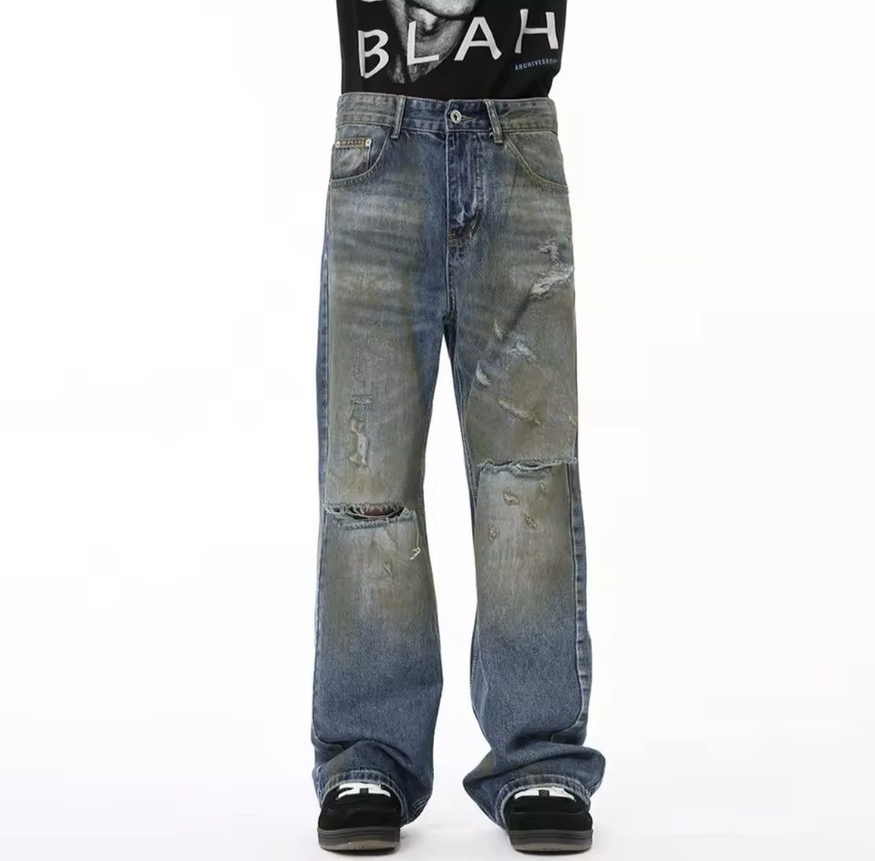 Denime × Jean Retro Broken Distressed Wide Leg Denim Jeans Size US 31 - 2 Thumbnail