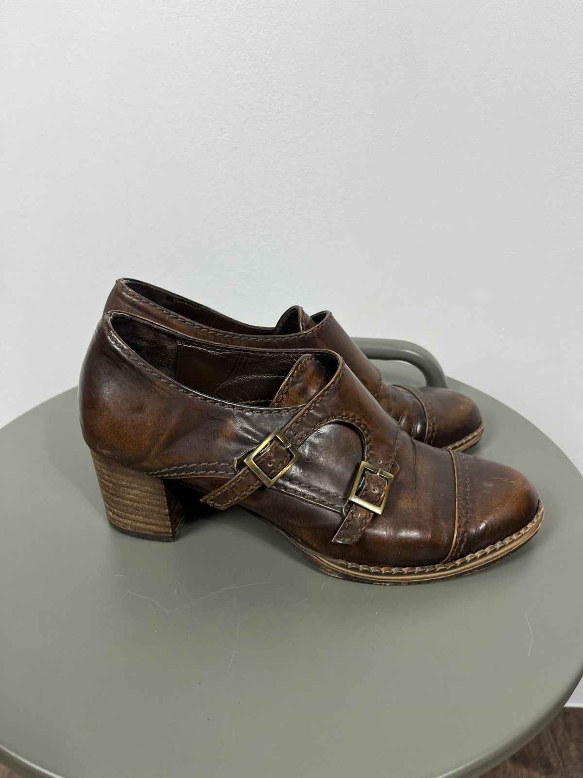 Leather Women’s Leather Buckle Heeled Shoes Brown Vintage EU 38 Size US 7 / IT 37 - 4 Thumbnail