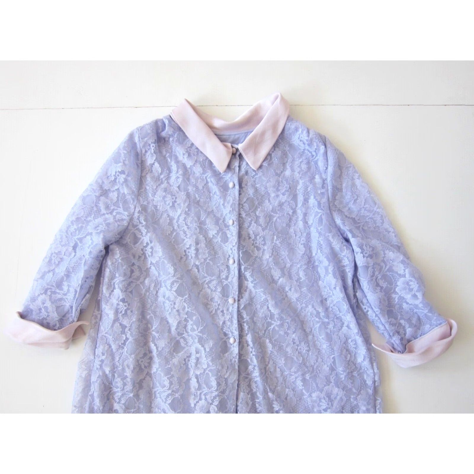 Vintage VINTAGE Rogers Nylon Purple Lace Button Down Pink Silk Collared Lingerie Robe S Size ONE SIZE - 3 Thumbnail