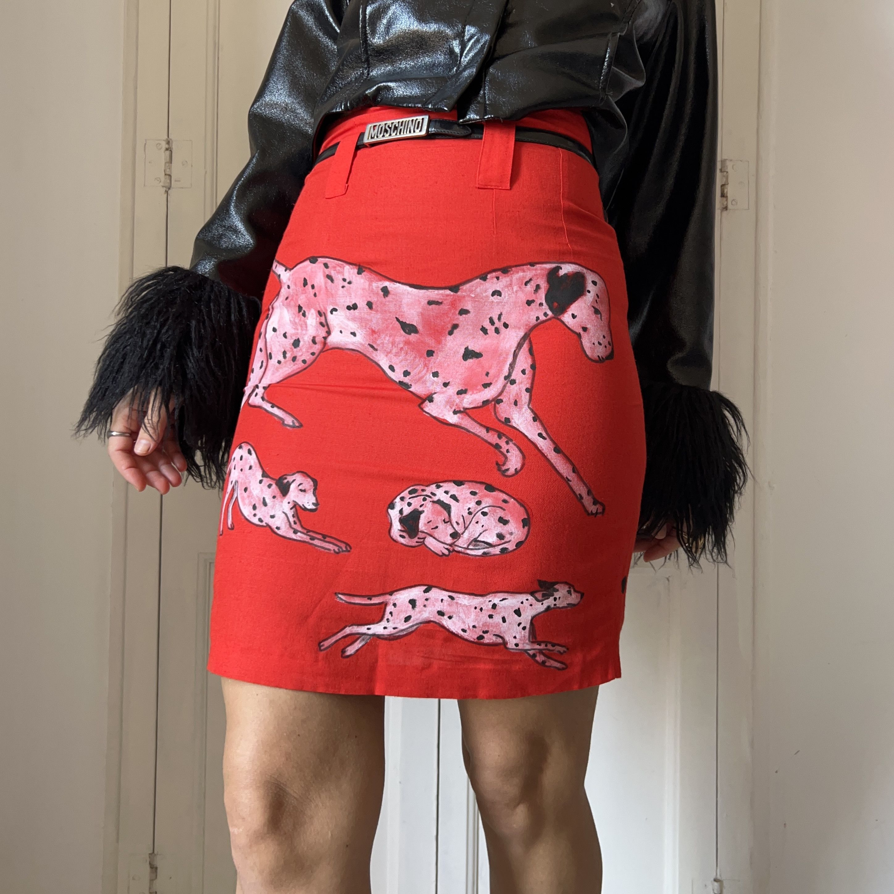 Custommade Painted Dalmatian Dog Red Linen Cotton Mini Skirt Size 27" / US 4 / IT 40 - 6 Thumbnail