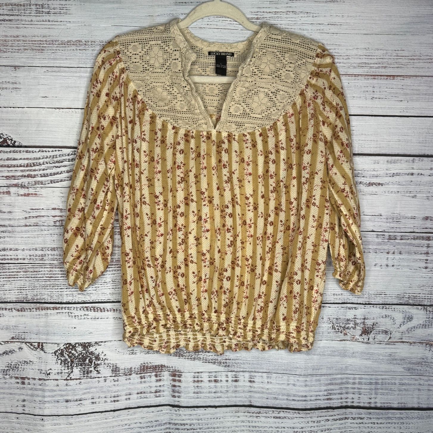 Lucky Brand Lucky Brand Tan Long Sleeve Floral Top Lg Size L / US 10 / IT 46 - 1 Thumbnail