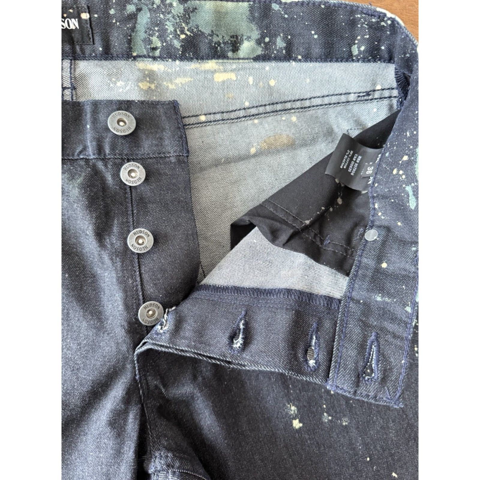 Hudson Hudson Jeans Slim Straight Denim Mens 36 Regular 37x32.5 Indigo Blue Splatter 5-Pocket Logo Button Tailored Urban Rock Theme Size US 36 / EU 52 - 6 Thumbnail