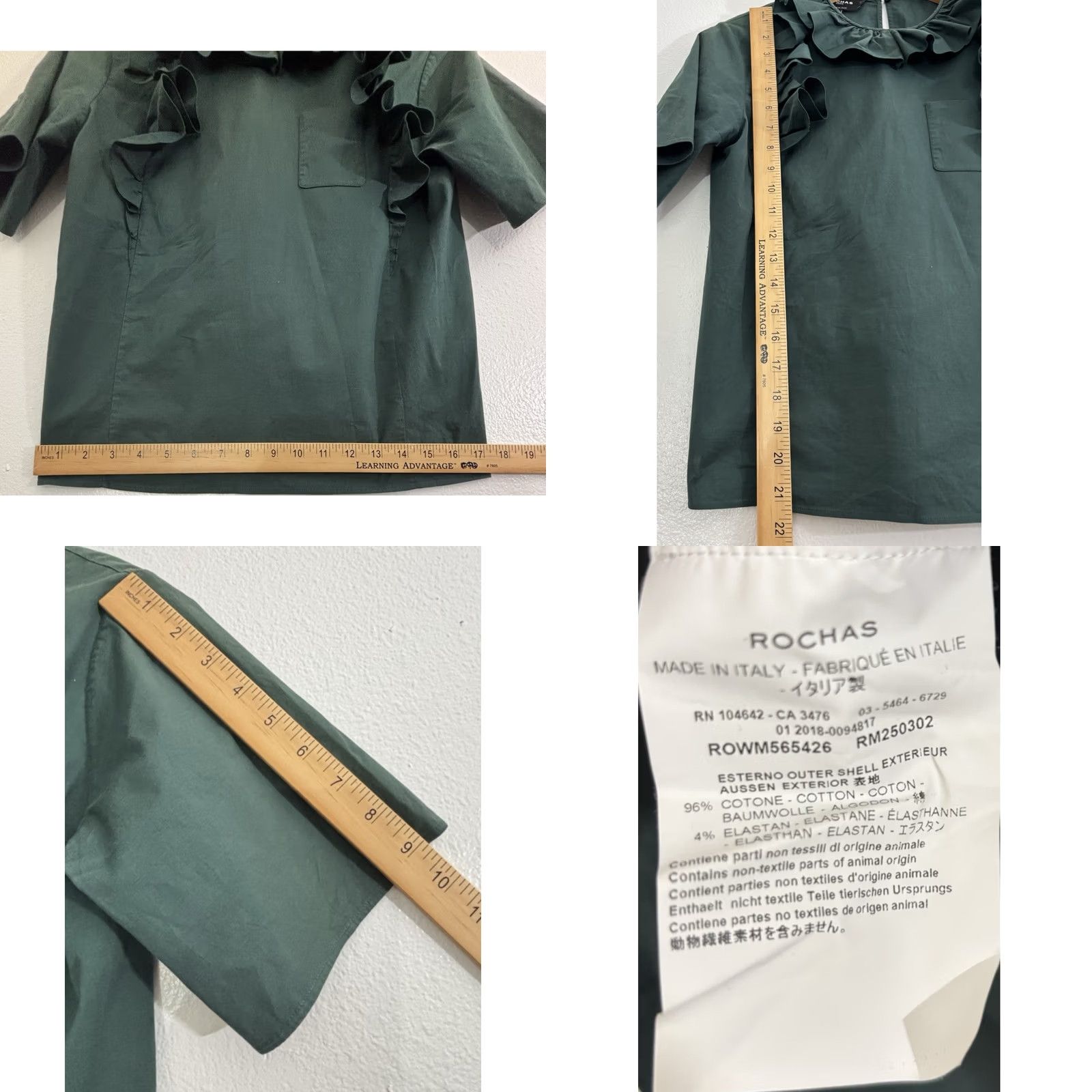 Rochas Rochas Paris Ruffle Top Green Solid Cotton Women Size 38 Size XS / US 0-2 / IT 36-38 - 8 Thumbnail