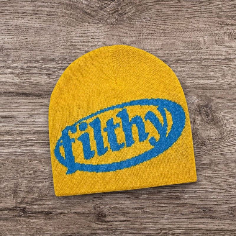 Y2K Skater Filthy Beanie | Alt Grunge Punk Graphic Hat in Yellow, Men’s