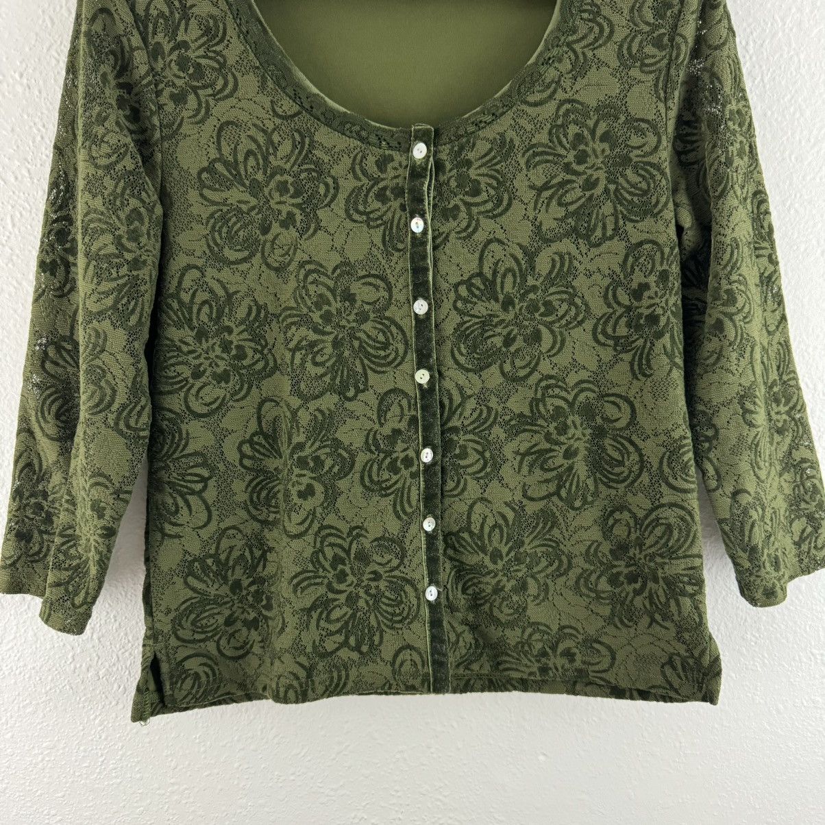 Other Vintage Y2K Moss Green Floral Lace Dainty Button Up Blouse Size M / US 6-8 / IT 42-44 - 3 Thumbnail