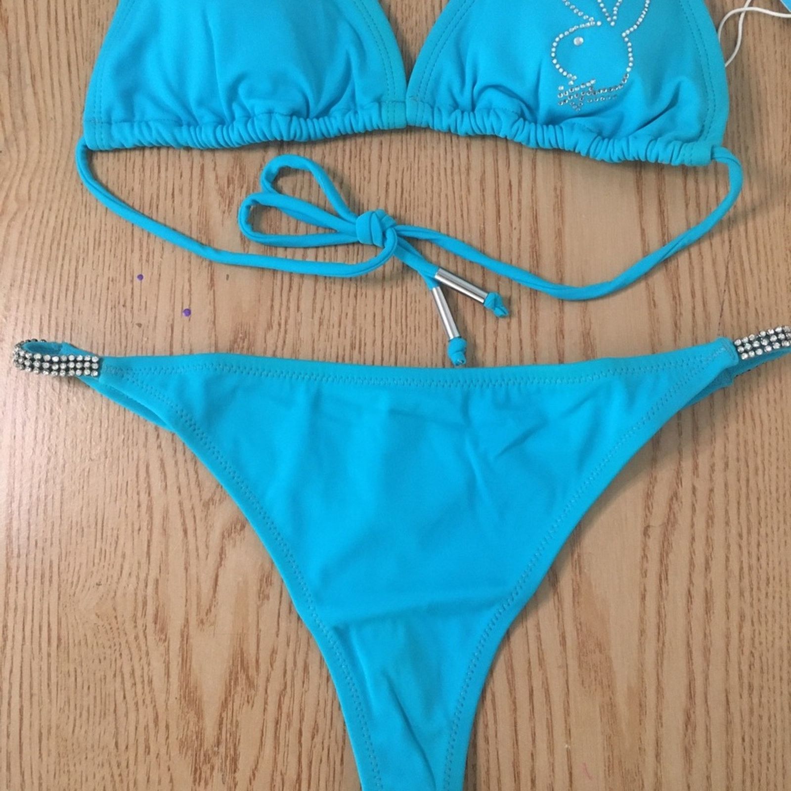 Playboy New 2pc Vintage Playboy Thong Bikini Swimsuit Diamonds Large Size ONE SIZE - 6 Thumbnail