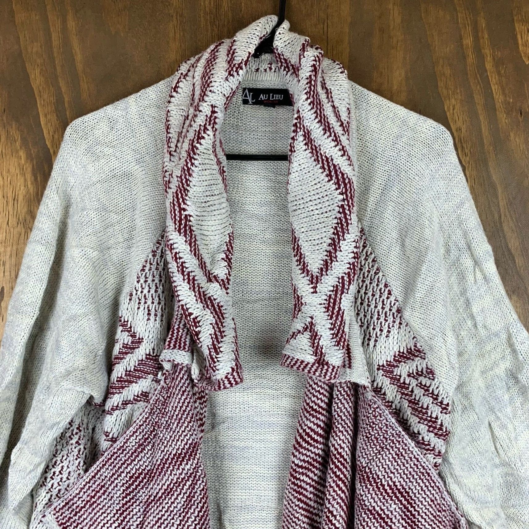 Vintage Au Lieu Womens Cardigan Sweater Gray Burgundy Aztec Open Waterfall Front 3X Size XXL / US 16-18 / IT 52-54 - 3 Thumbnail
