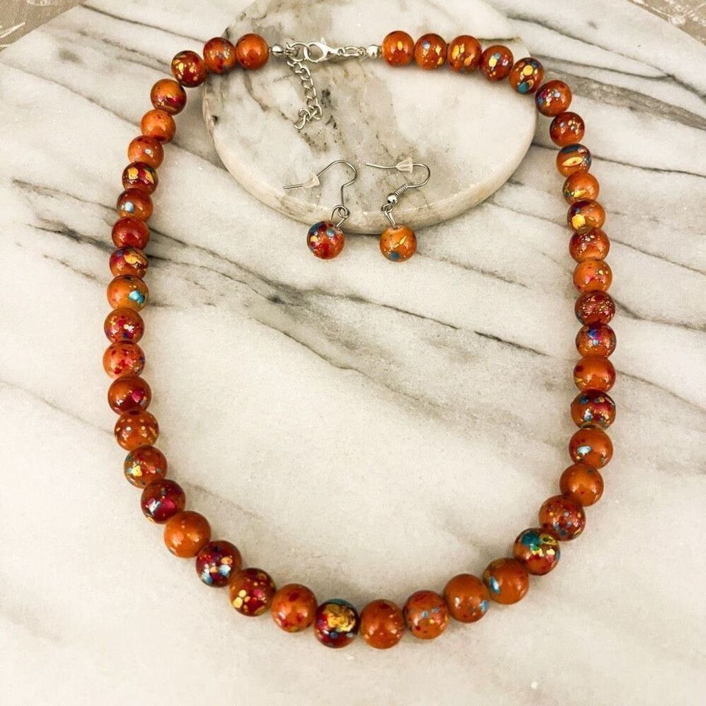 Jewelry Confetti Painted Beaded Necklace And Earrings Set in Brown, Women's