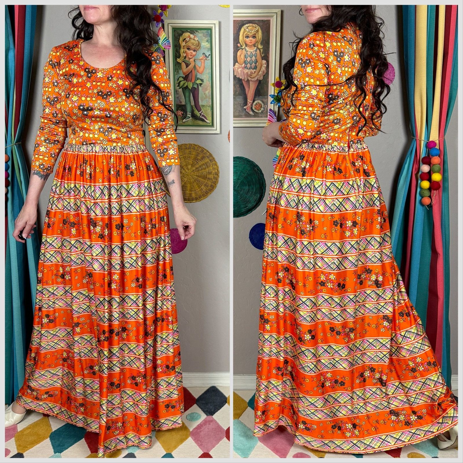 Vintage 1960s Orange Floral and Striped Long Sleeve Maxi Dress Size XS / US 0-2 / IT 36-38 - 3 Thumbnail