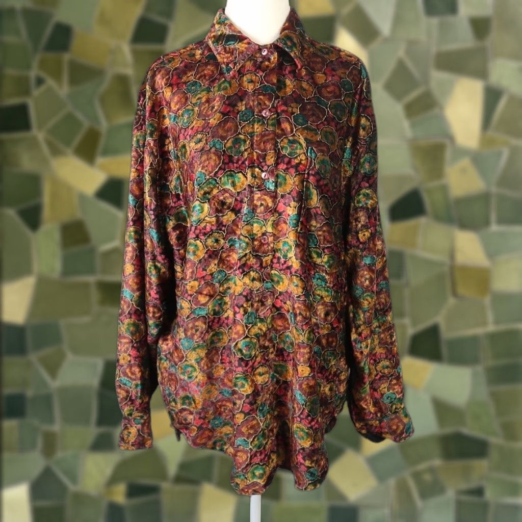 Velvet VINTAGE 90s Punch mustard yellow pink floral velvet blouse top M Button-Up Women Long Sleeve Collared 90s Bohemian Pattern Floral - Vintage Size M / US 6-8 / IT 42-44 - 1 Thumbnail